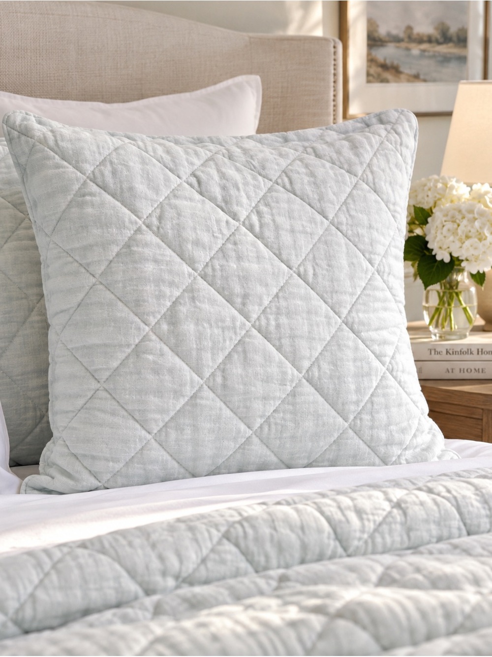 Pottery Barn Linen Diamond Standard Pillow Sham White 26x20 Quilted